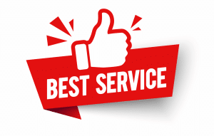 A rectangular shape with a red thumbs up sign and the text best service