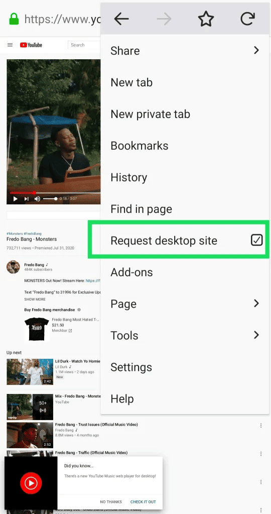 Android phone and chrome browser request browser settings option
