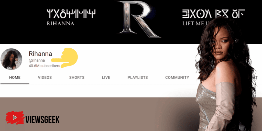 Rihanna YouTube page with her channel handle and her youtube channel ID